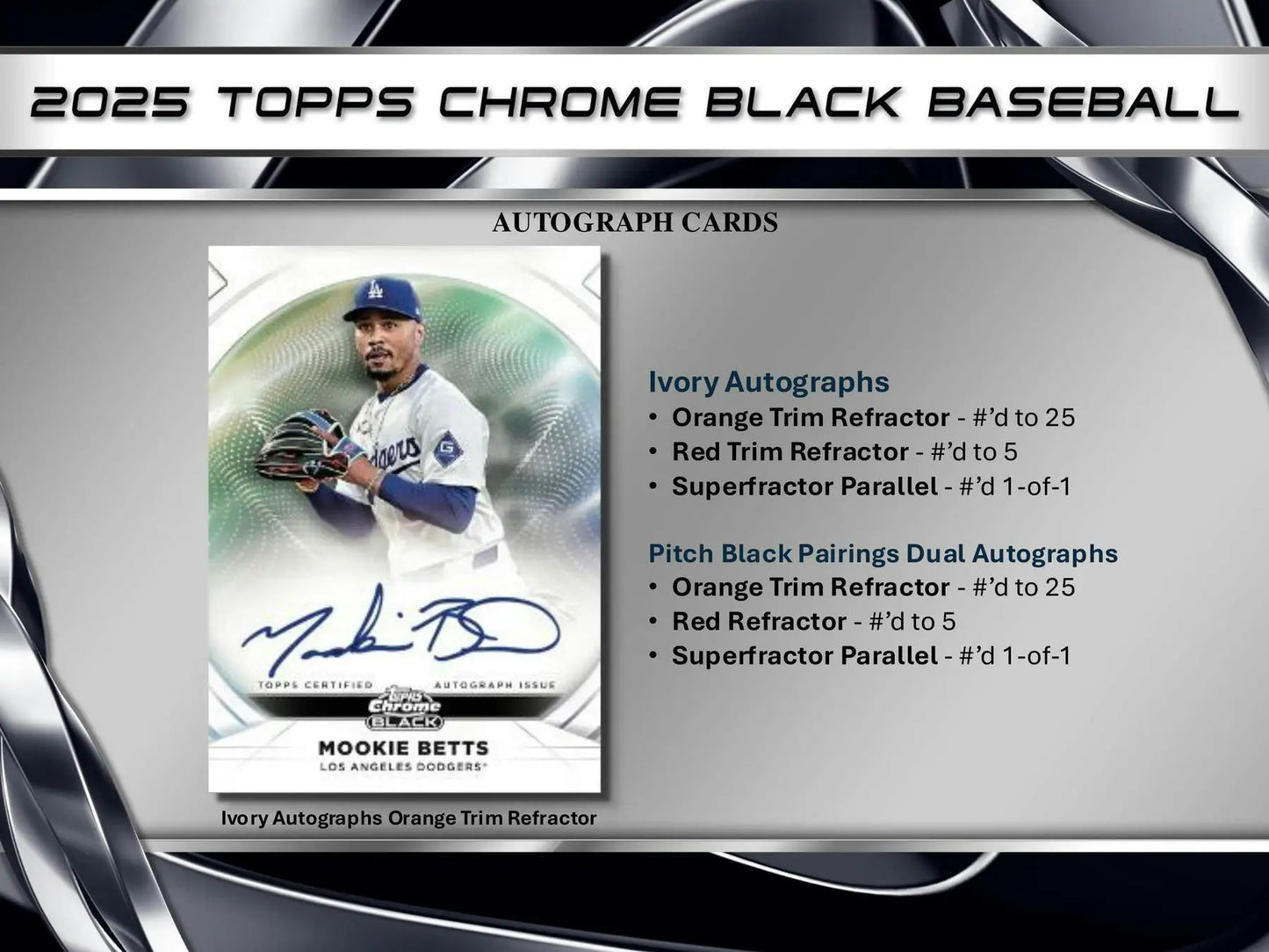 Mookie Betts autograph baseball card from 2025 Topps Chrome Black with red refractor trim