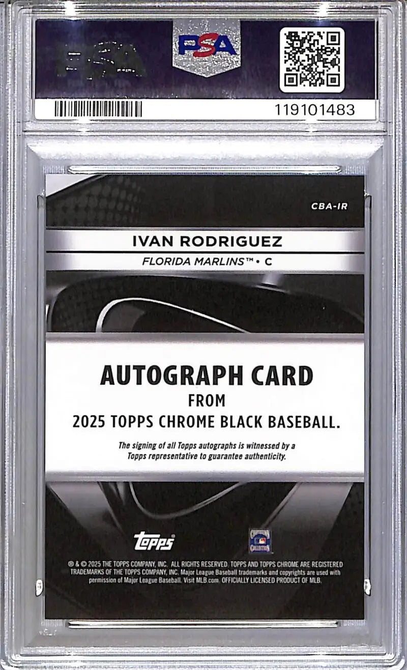 Graded Ivan Rodriguez autograph card from 2025 Topps Chrome Black Baseball in GEM MINT condition