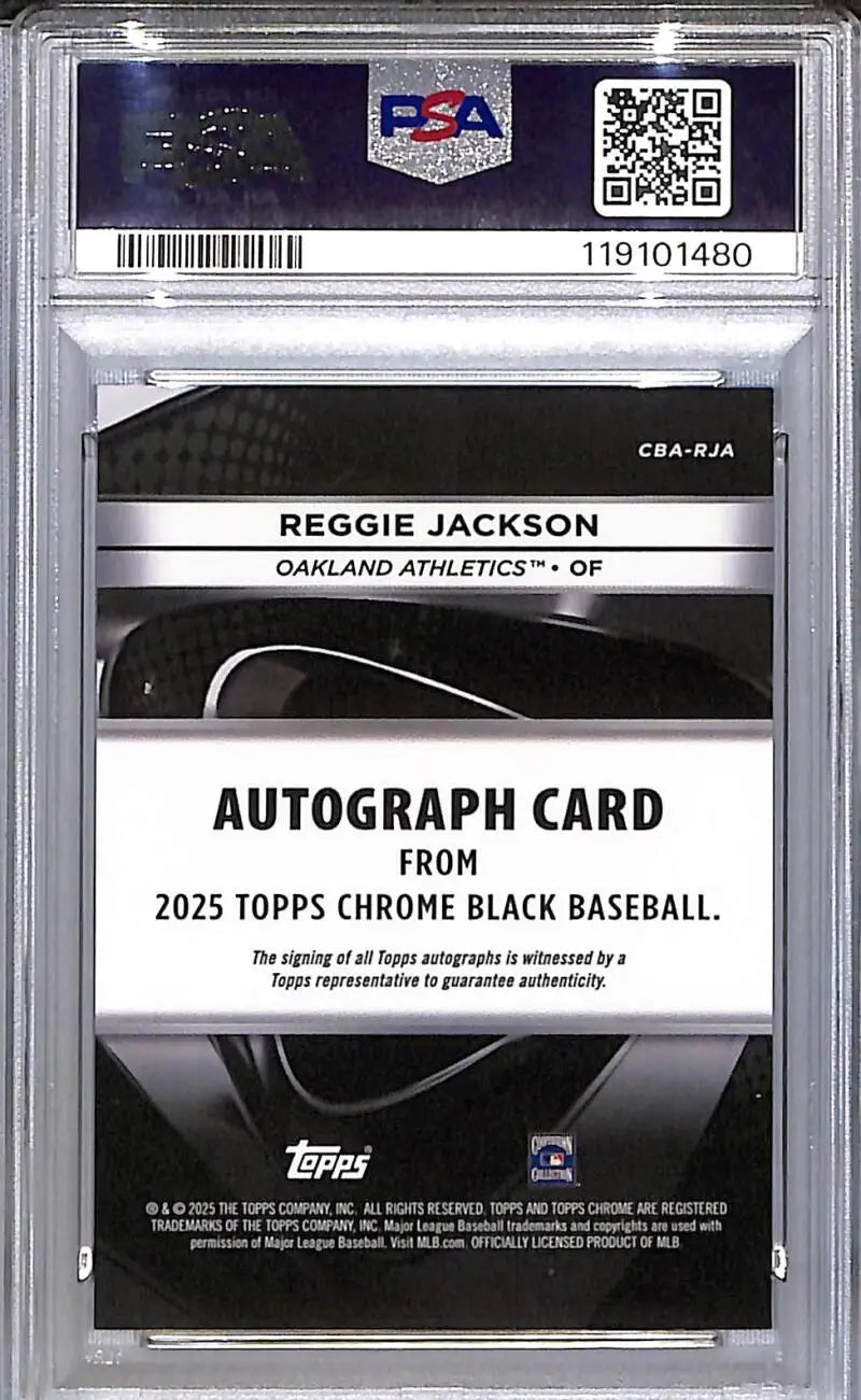 Graded Reggie Jackson baseball card from 2025 Topps Chrome Black series with PSA 10 auto