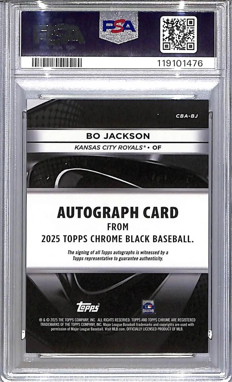 Graded Bo Jackson autograph card from 2025 Topps Chrome Black Gold in PSA 9 Mint condition