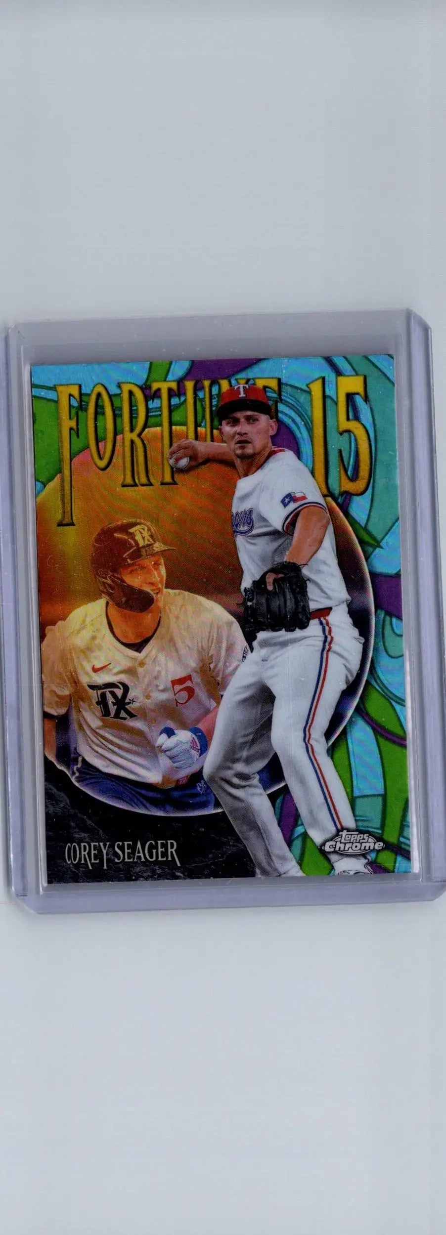 Baseball trading card featuring Corey Seager Fortune in 2025 Topps Chrome case