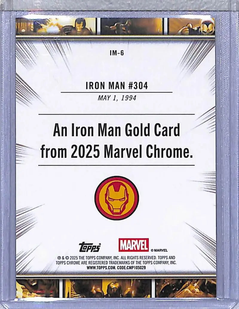 Iron Man trading card from 2025 Topps Chrome Iron series featuring gold holographic design