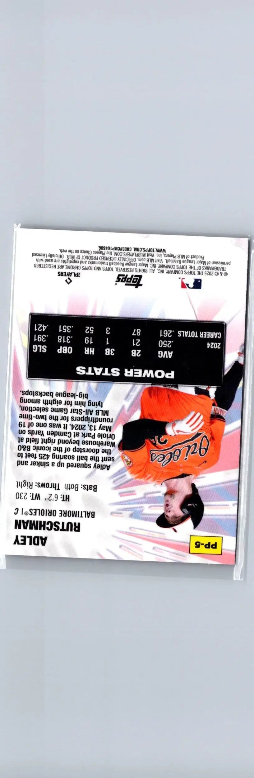 Back of 2025 Topps Chrome Adley Rutschman Power Players trading card featuring Adley Rutschman