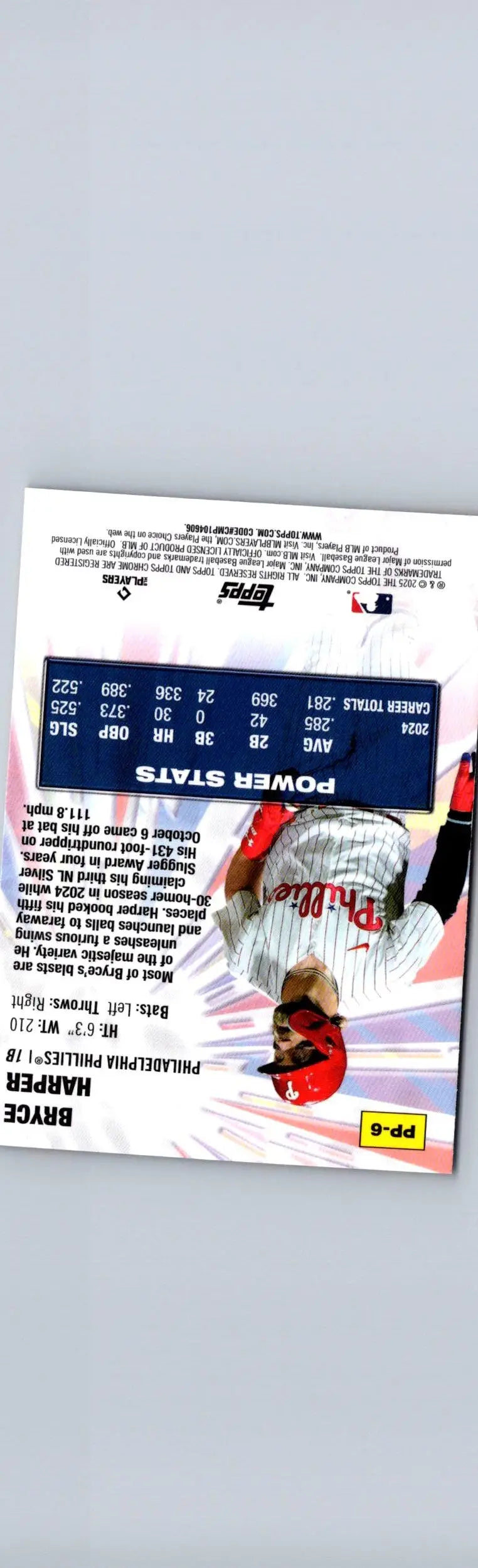 Baseball card of Bryce Harper in Phillies uniform from 2025 Topps Chrome Harper Power Players