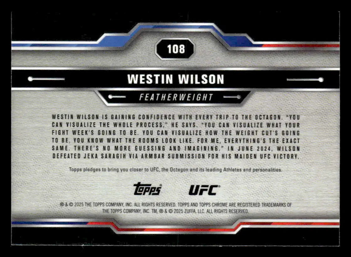 Collectible trading card for UFC fighter Westin Wilson from 2025 Topps Chrome Sapphire Edition