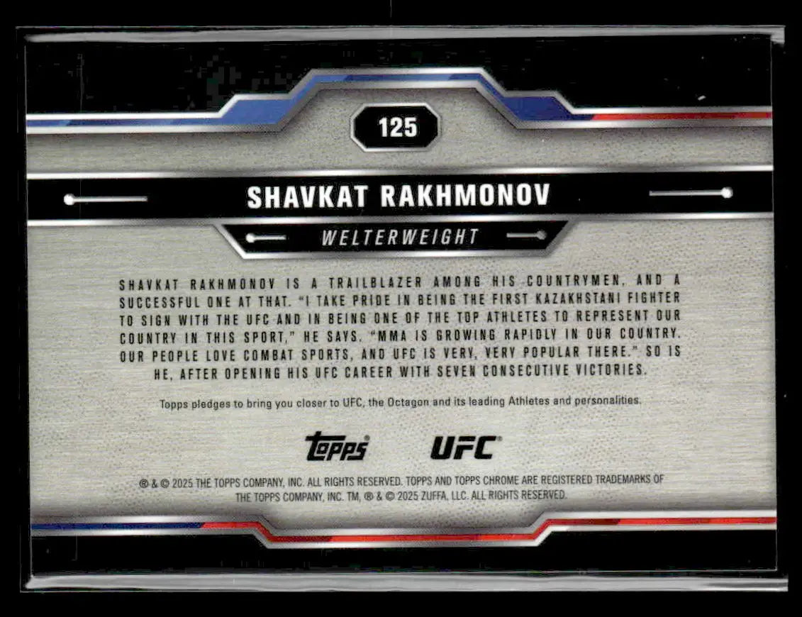 UFC Shavkat Rakhmonov trading card from 2025 Topps Chrome Sapphire Edition UFC series