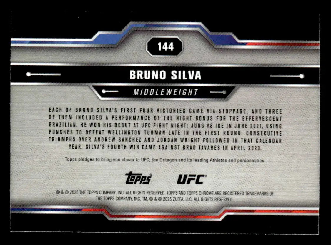Back of Bruno Silva UFC trading card from 2025 Topps Chrome Sapphire Edition UFC