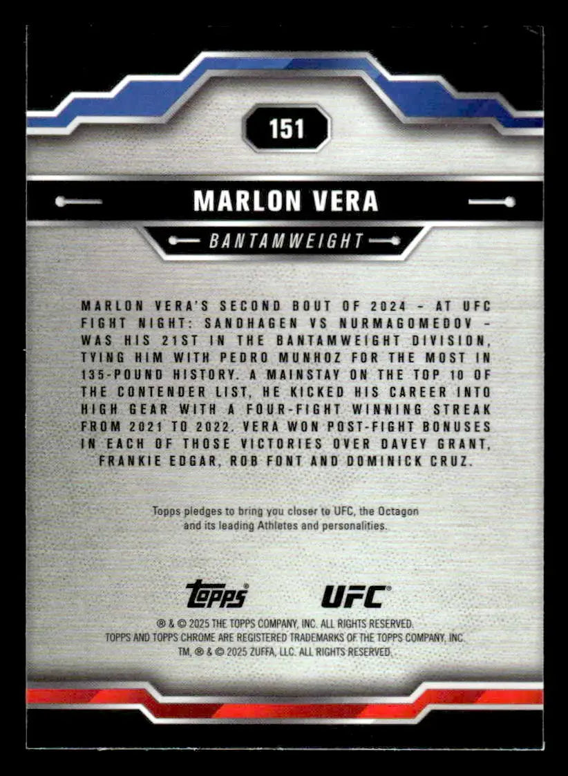 Collectible UFC Marlon Vera trading card from 2025 Topps Chrome Sapphire Edition