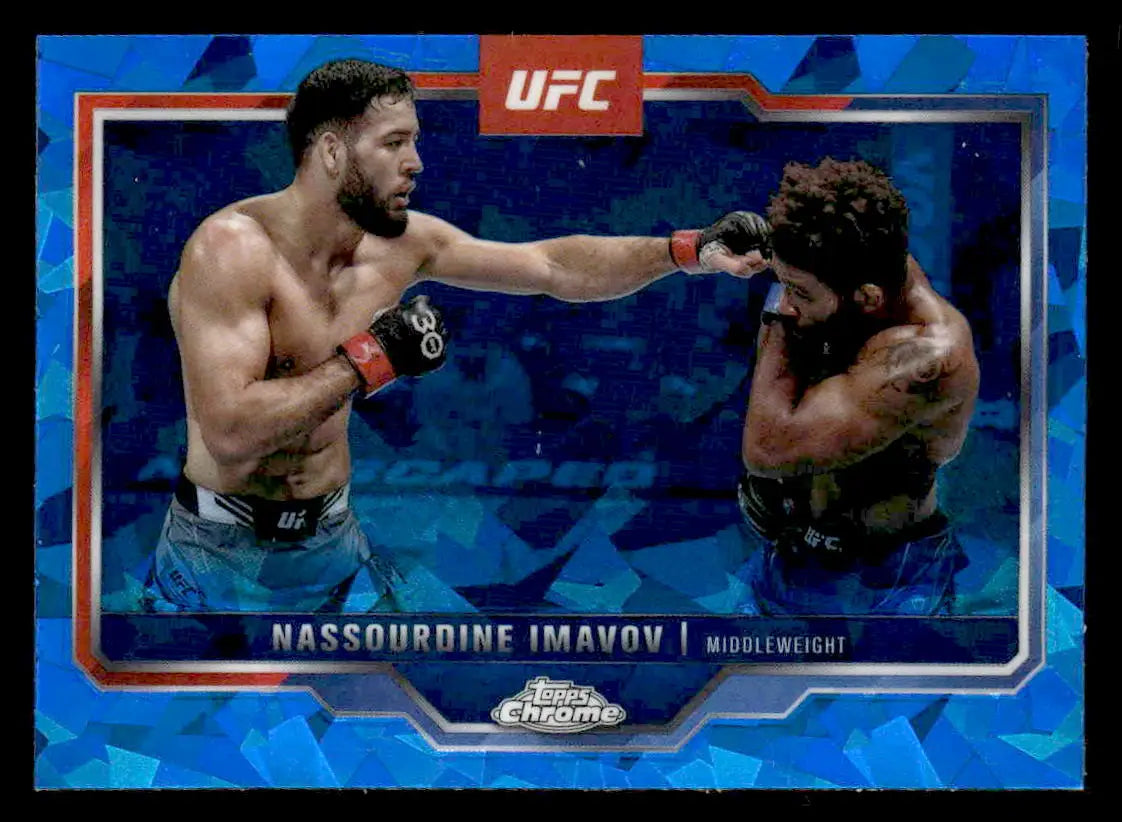 Blue-patterned Topps Chrome Sapphire Edition UFC trading card featuring Nassourdine Imavov in action