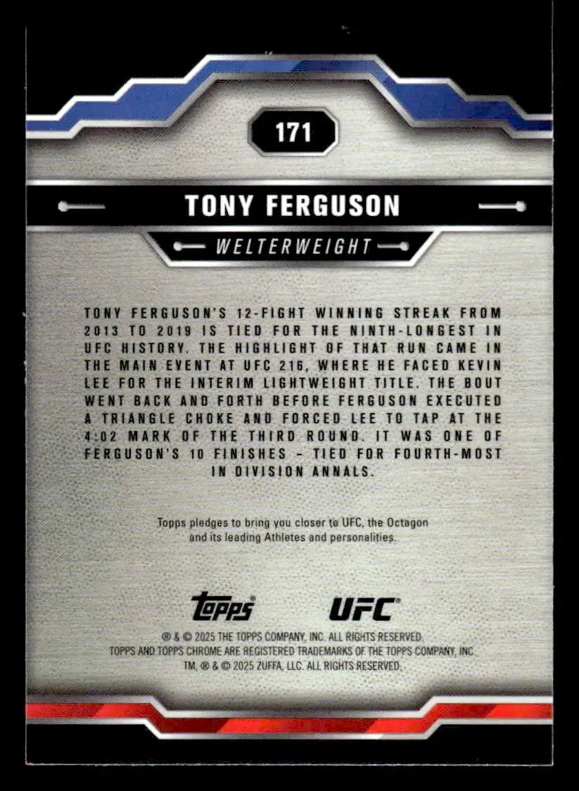 Collectible UFC Tony Ferguson trading card from 2025 Topps Chrome Sapphire Edition