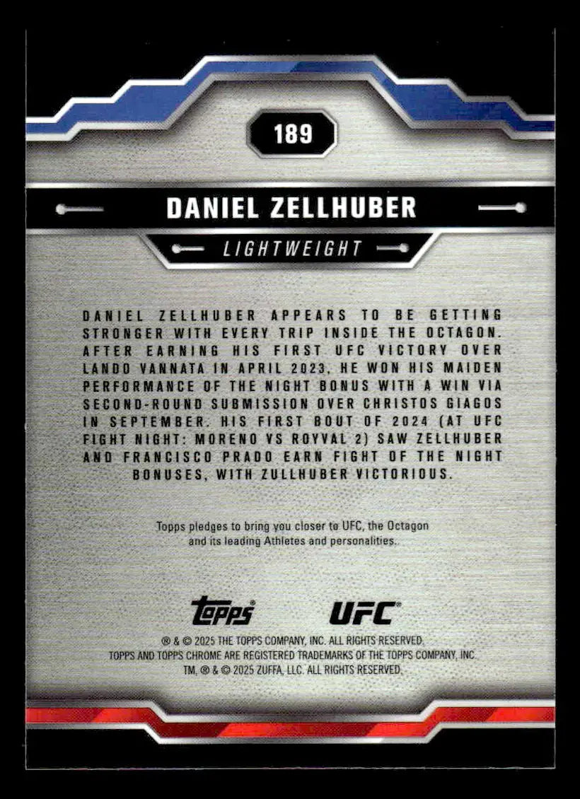 Back of a 2025 Topps Chrome Sapphire Edition UFC Daniel Zellhuber trading card