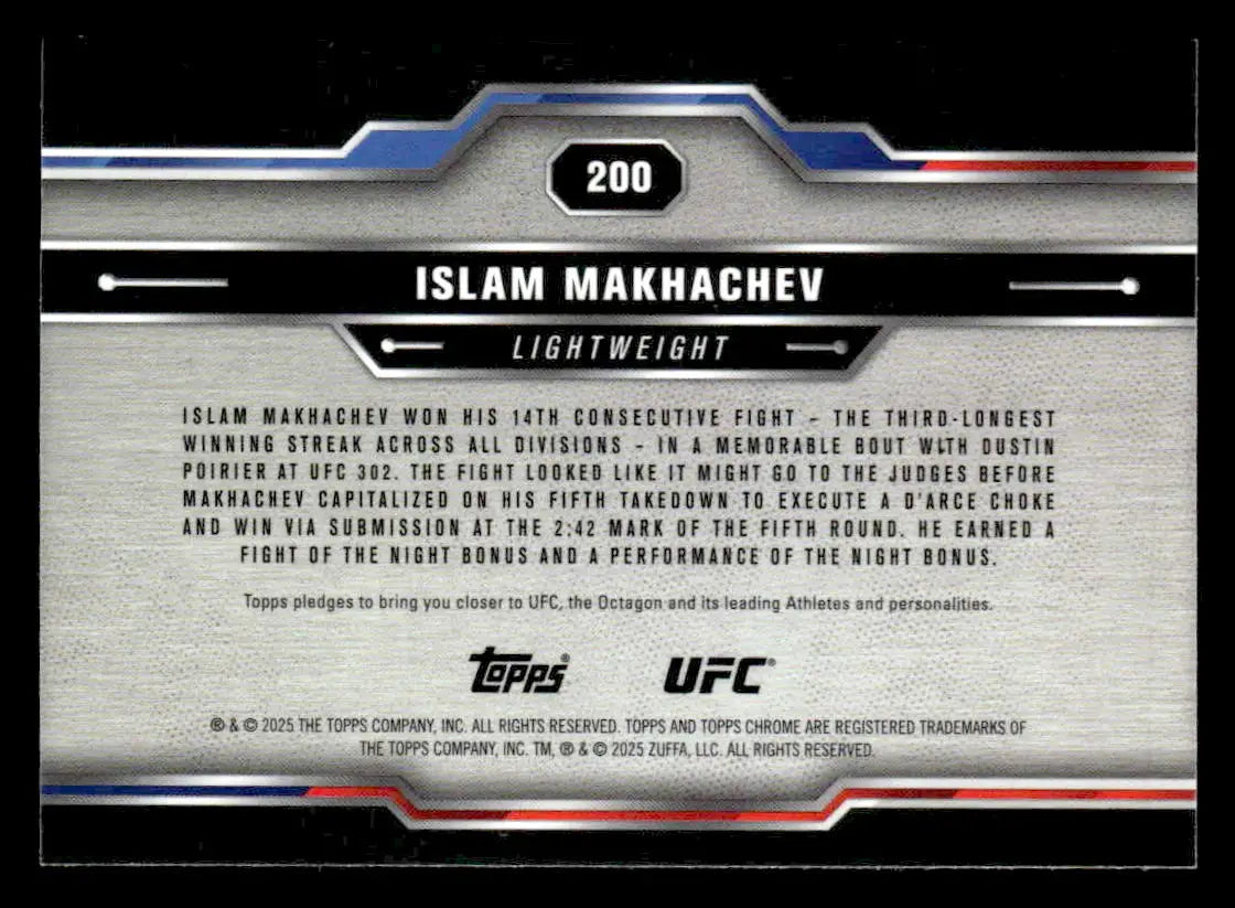 Collectible Islam Makhachev card from 2025 Topps Chrome Sapphire Edition UFC showcasing his 14th win