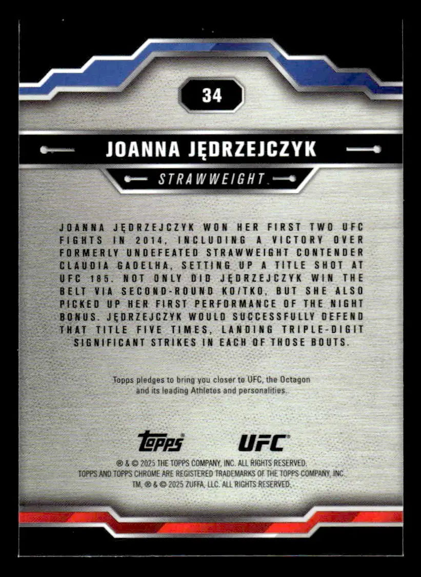 Back of a Joanna Jędrzejczyk UFC trading card from 2025 Topps Chrome Sapphire Edition UFC