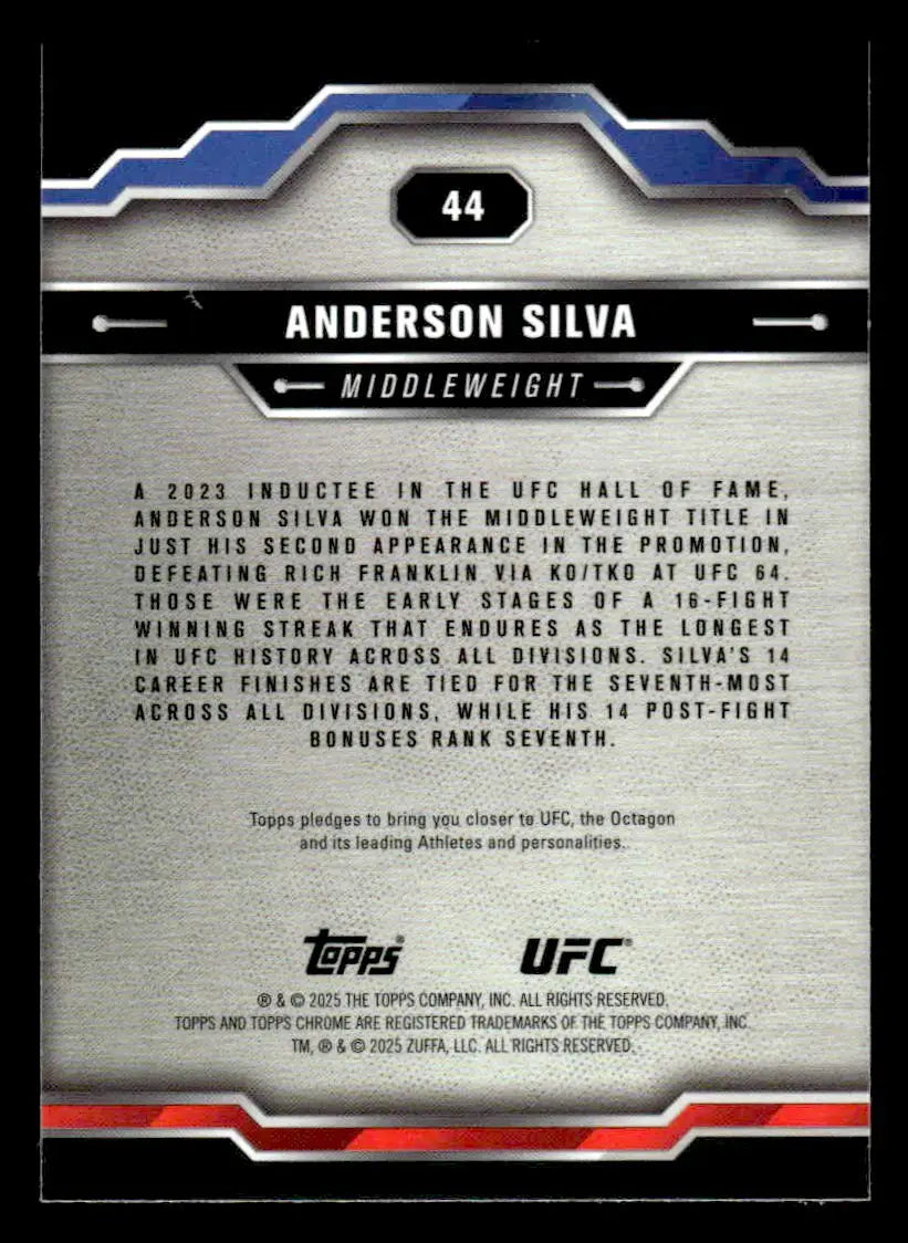 Back of a silver and black Anderson Silva Topps Chrome Sapphire Edition UFC trading card