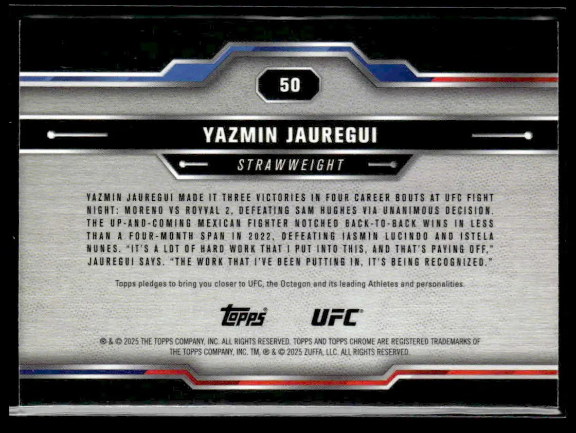 Back of 2025 Topps Chrome Sapphire Edition UFC Yazmin Jauregui trading card