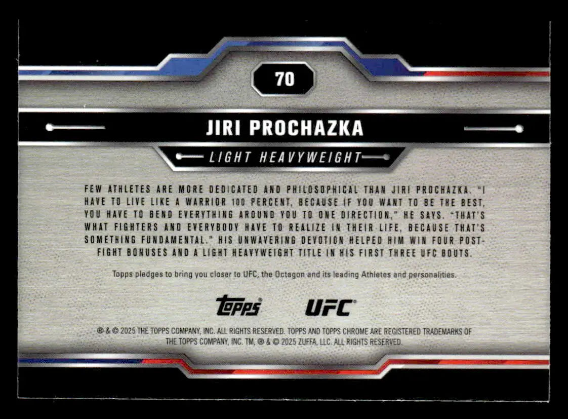 Back of a Jiri Prochazka UFC trading card from 2025 Topps Chrome Sapphire Edition UFC