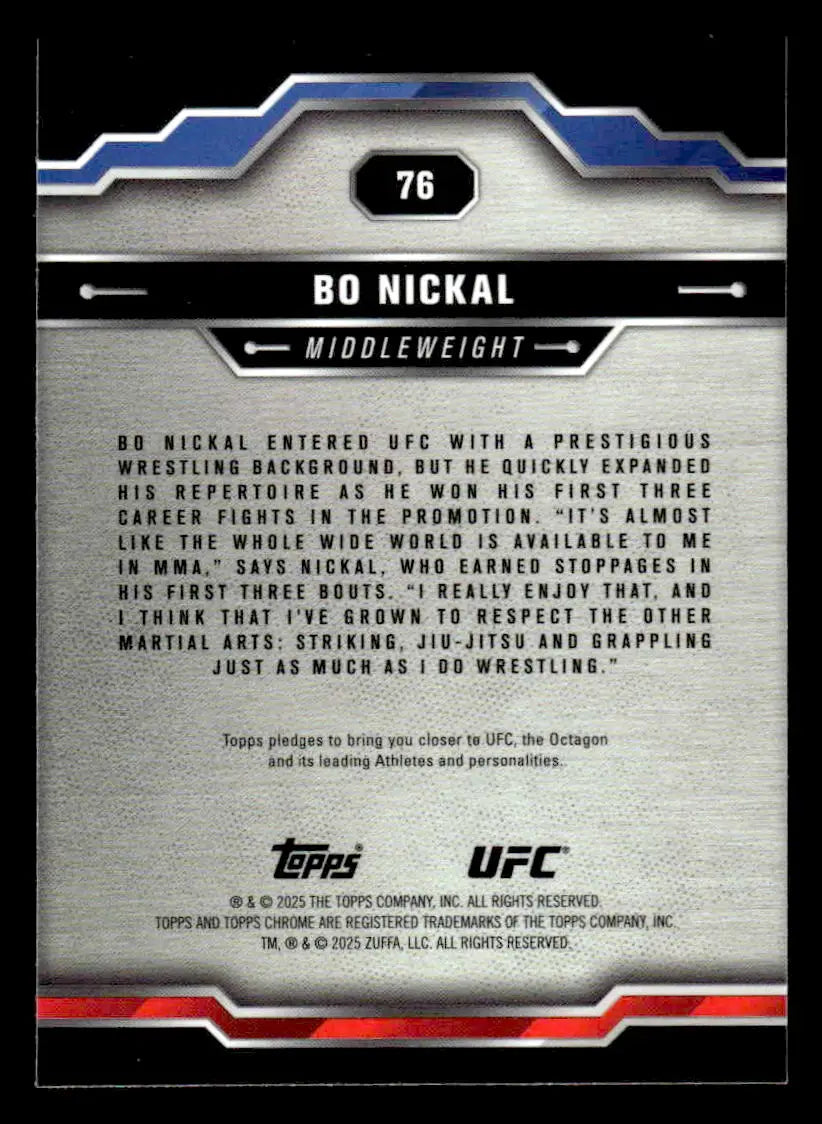 Back of Bo Nickal UFC trading card from 2025 Topps Chrome Sapphire Edition UFC