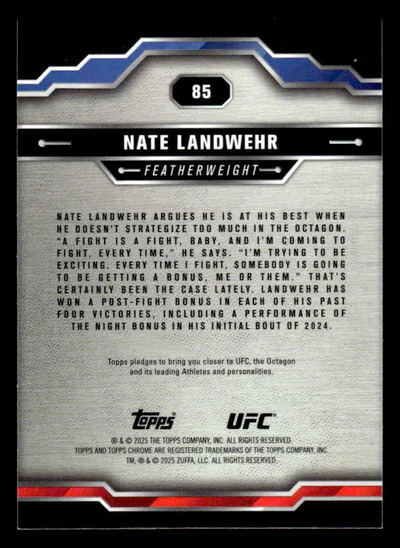 Back of a Nate Landwehr UFC trading card from 2025 Topps Chrome Sapphire Edition UFC