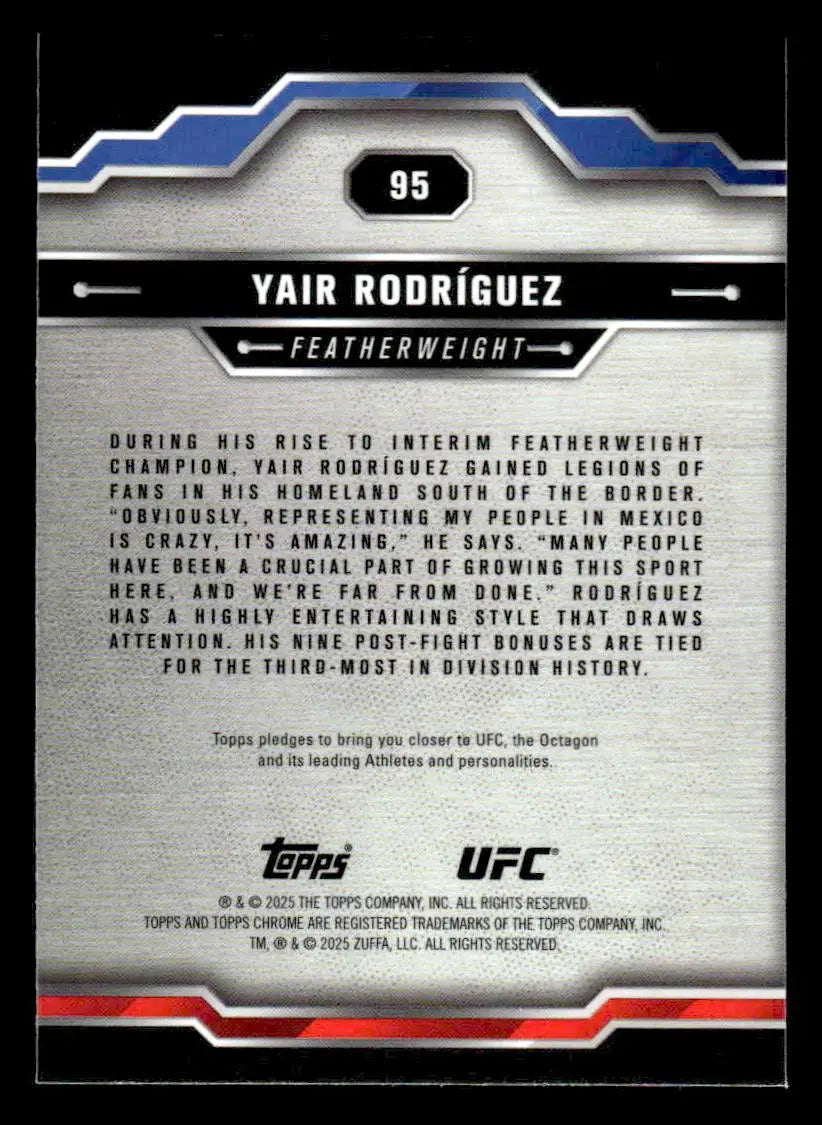 Collectible Yair Rodríguez UFC trading card from 2025 Topps Chrome Sapphire Edition