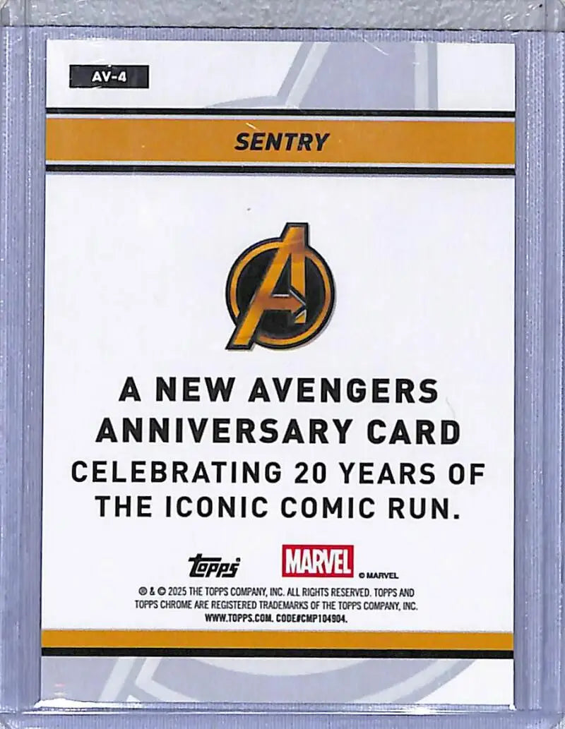 Marvel Avengers anniversary card from Topps Chrome 2025 featuring AV-4 Sentry trading card