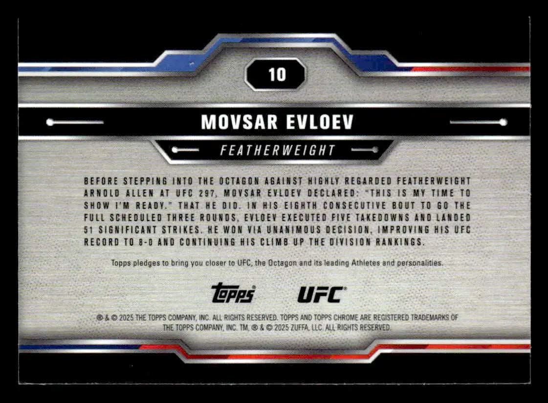 Collectible Movsar Evloev Topps Chrome UFC trading card from 2025 Topps Chrome UFC series