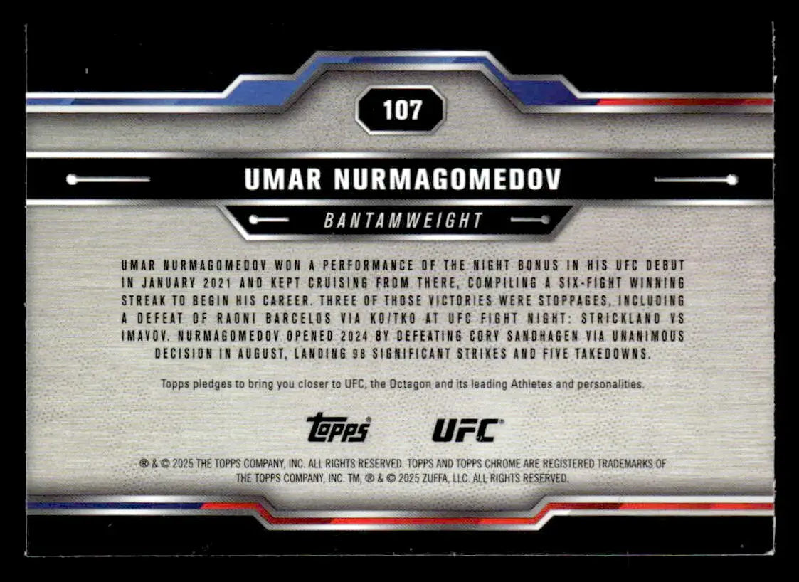 Collectible Topps Chrome UFC trading card of Umar Nurmagomedov from 2025 Topps Chrome UFC series