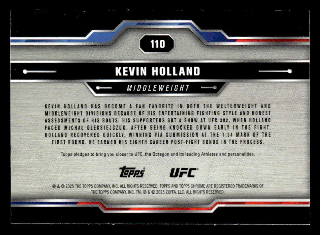 Back of a 2025 Topps Chrome UFC Kevin Holland trading card showcasing chrome UFC design