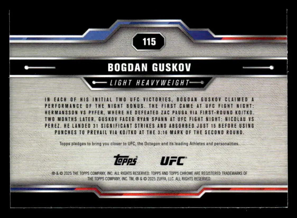 Reverse side of 2025 Topps Chrome UFC Bogdan Guskov trading card with fight record and bonuses