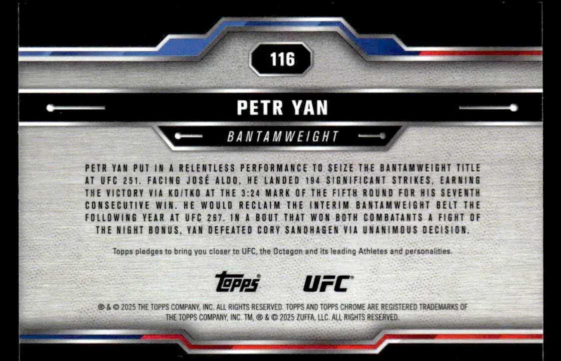 Trading card of Petr Yan from 2025 Topps Chrome UFC series, chrome UFC fighter card