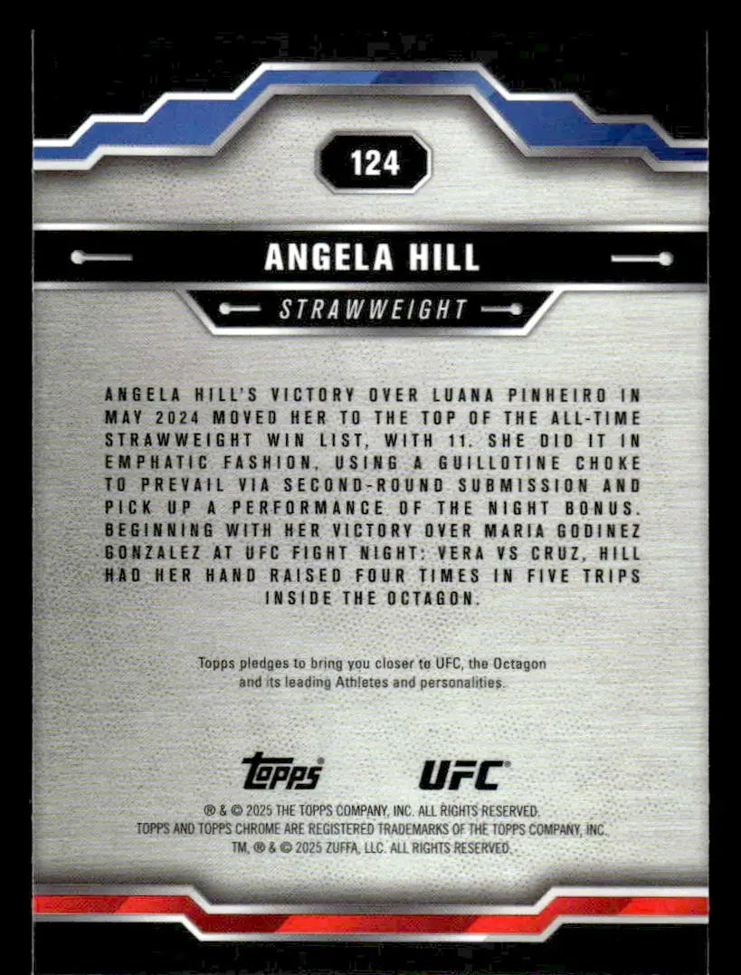 Back of 2025 Topps Chrome UFC Angela Hill trading card showing fight record and achievements