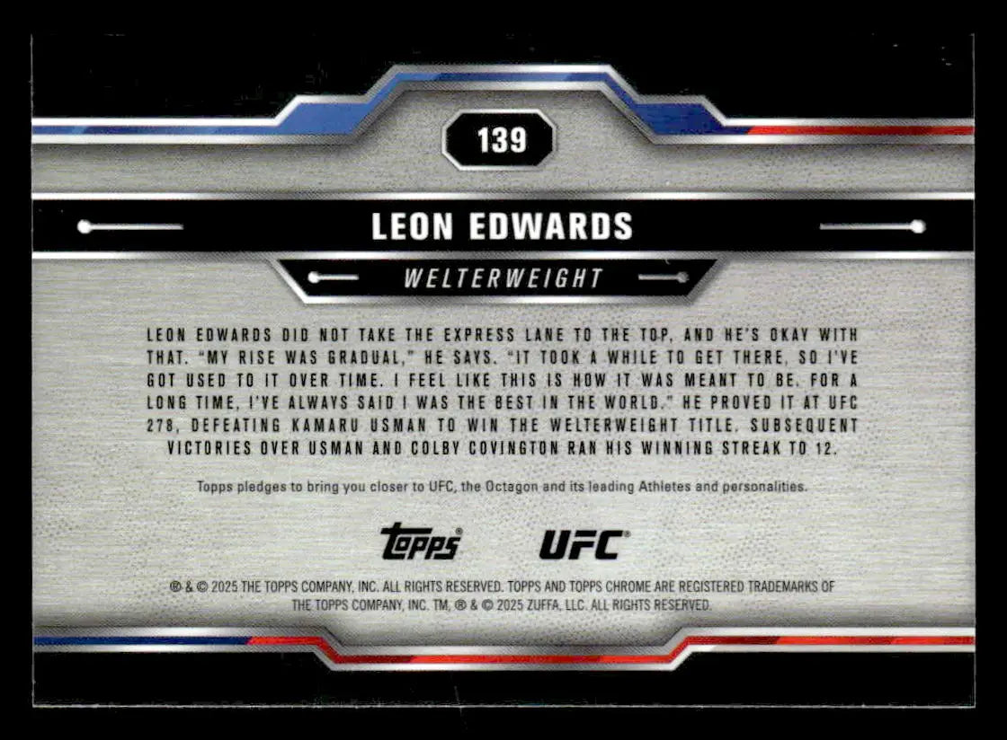Back of a Leon Edwards Topps Chrome UFC trading card from 2025 Topps Chrome UFC #139