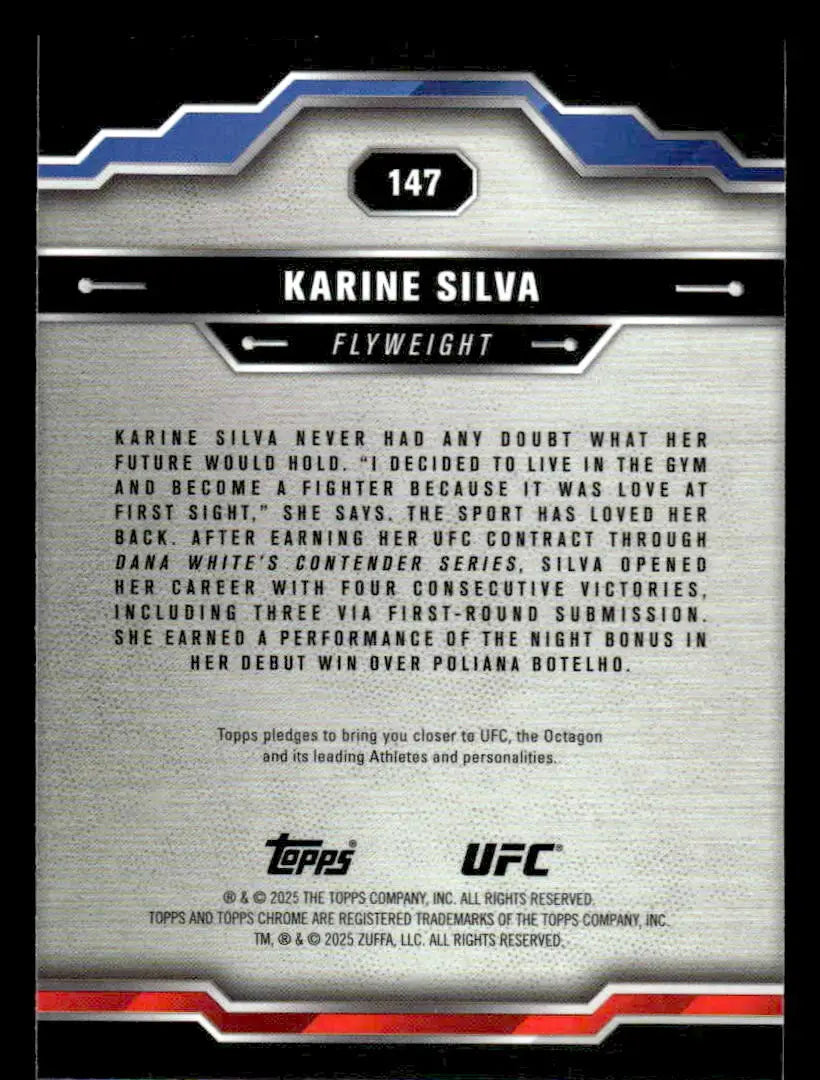 Back of a Karine Silva Topps Chrome UFC trading card from 2025 Topps Chrome UFC #147