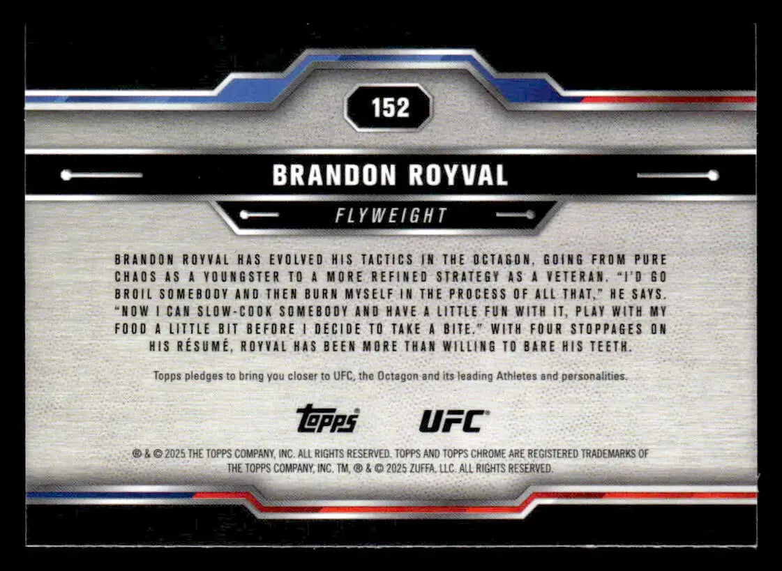 Back of a Brandon Royval Topps Chrome UFC trading card in the 2025 Sepia Refractor set