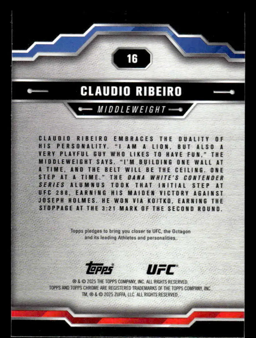 Back of a Claudio Ribeiro Topps Chrome UFC trading card from 2025 Topps Chrome UFC series