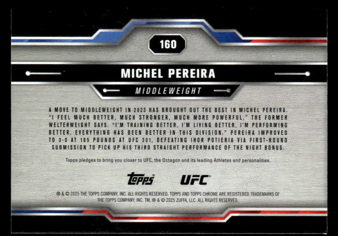 Collectible 2025 Topps Chrome UFC trading card of Michel Pereira in chrome UFC series
