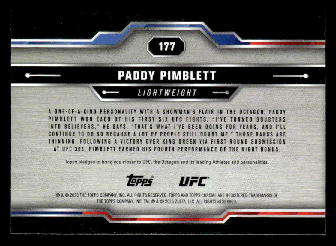 Back of a Paddy Pimblett 2025 Topps Chrome UFC trading card in the Chrome UFC collection