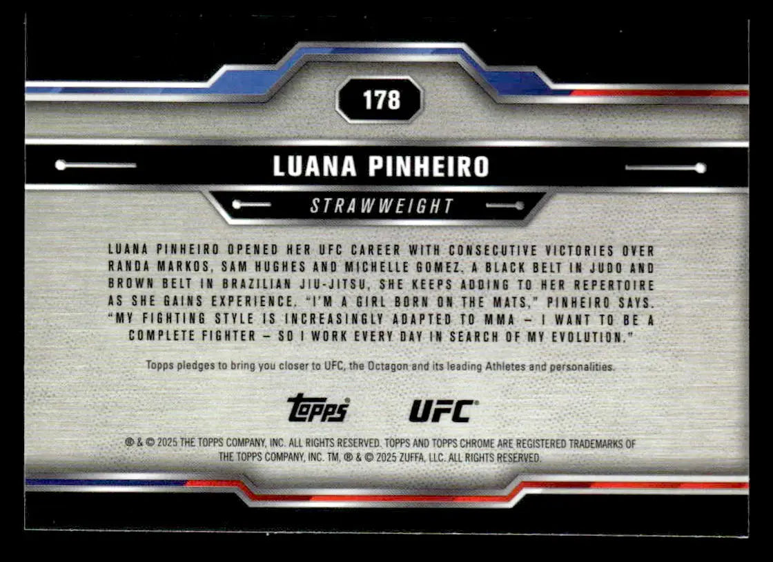 Back of a Topps Chrome UFC trading card featuring Luana Pinheiro from 2025 Topps Chrome UFC #178 X-Fractor