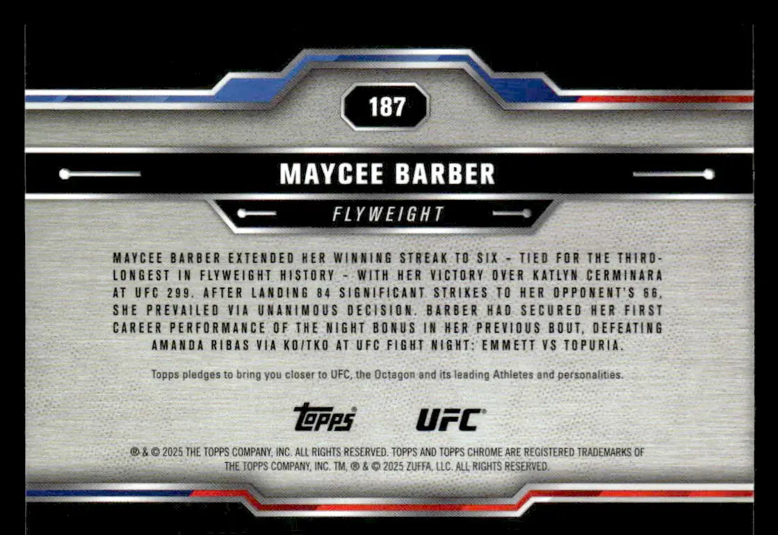 Back of a Maycee Barber Topps Chrome UFC trading card from 2025 Topps Chrome UFC #187