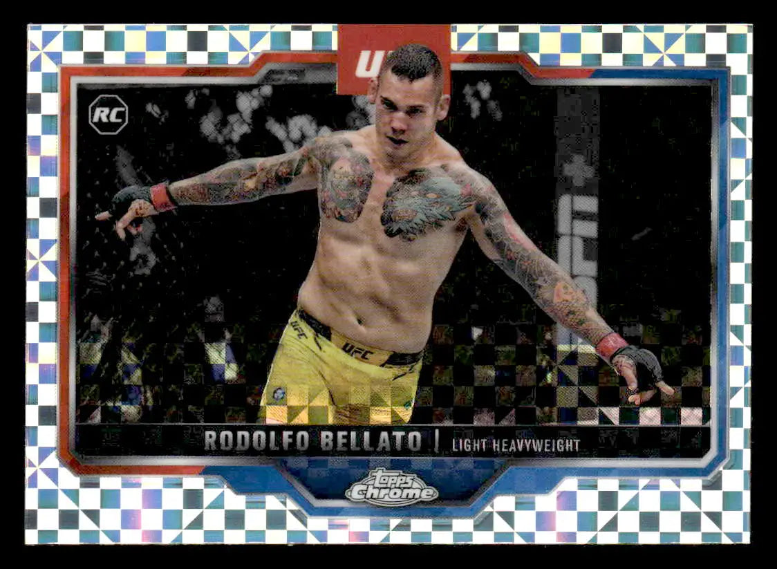 2025 Topps Chrome UFC Rodolfo Bellato Rookie Card with holographic checkered design