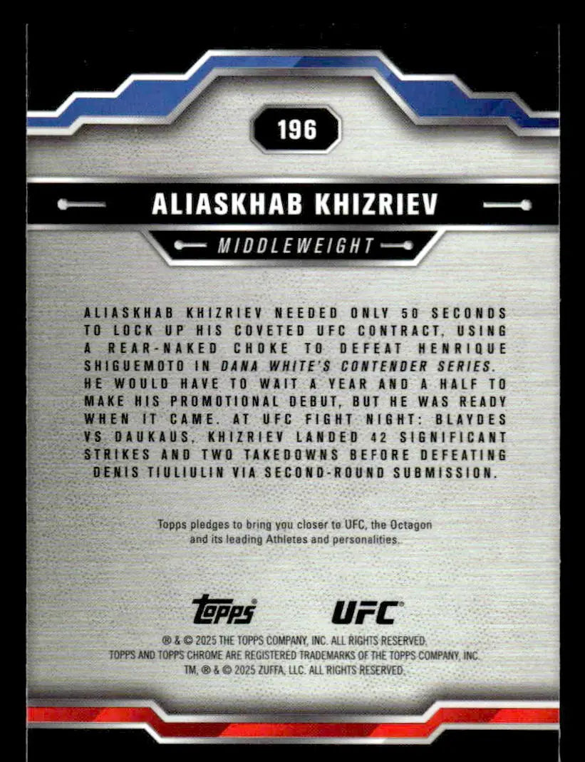 Back of a 2025 Topps Chrome UFC Aliaskhab Khizriev trading card showcasing design details