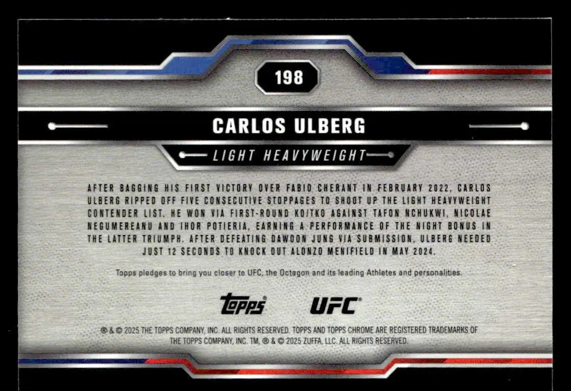 Reverse side of 2025 Topps Chrome UFC Carlos Ulberg trading card showcasing chrome UFC design