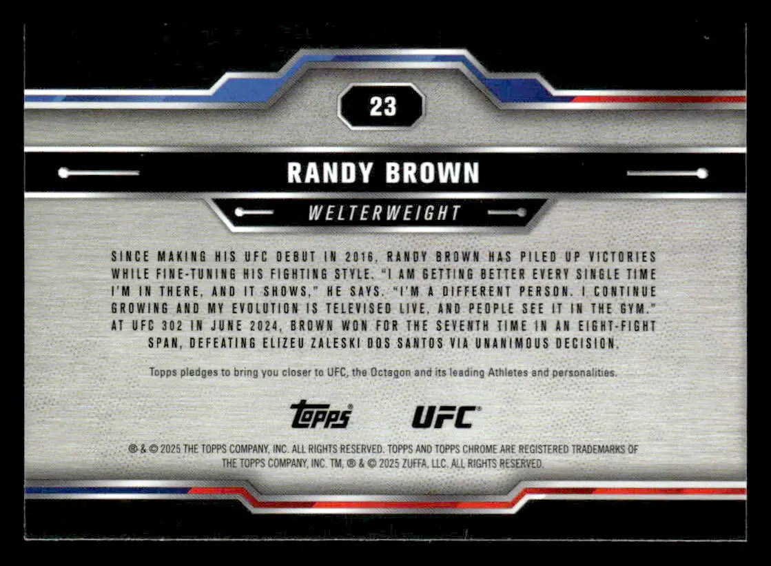 Back of 2025 Topps Chrome UFC Randy Brown trading card showcasing chrome UFC design