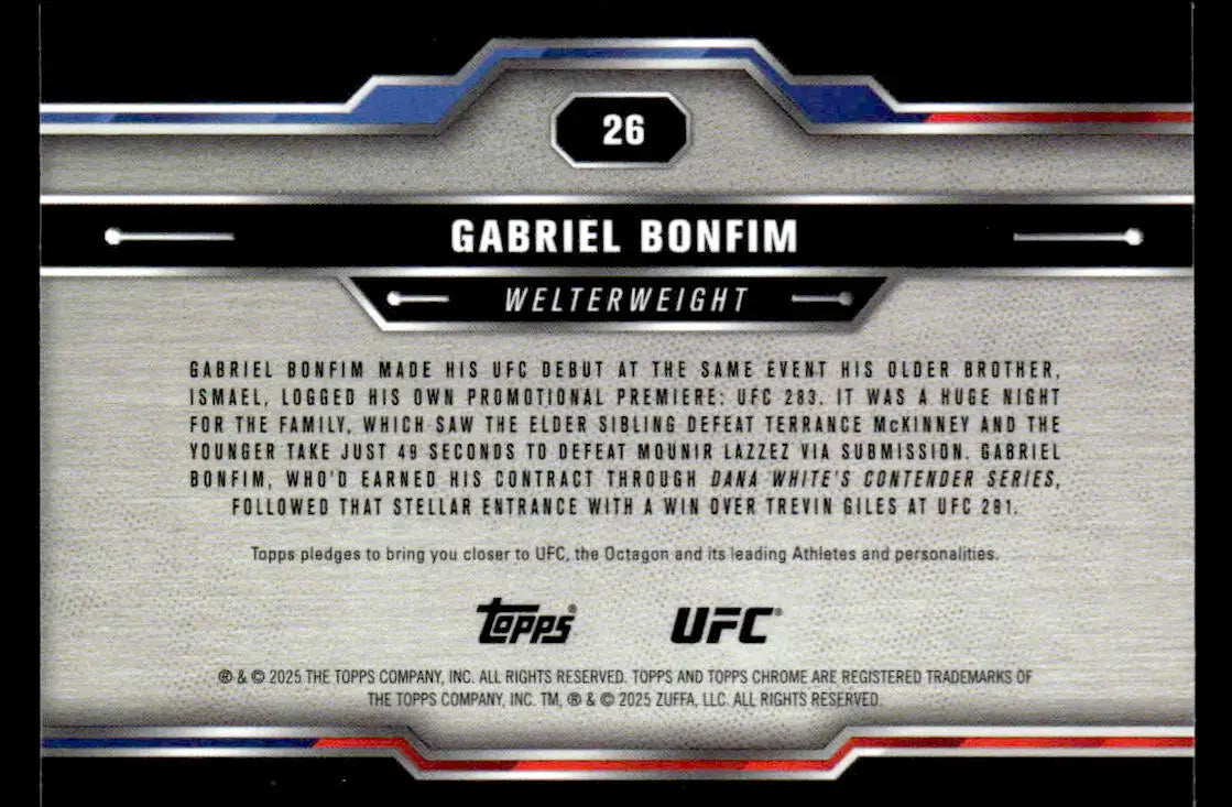 Collectible Topps Chrome UFC trading card of Gabriel Bonfim from 2025 Topps Chrome UFC series