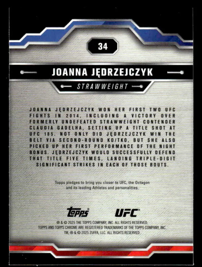 Collectible Topps Chrome UFC trading card of Joanna Jędrzejczyk from 2025 Topps Chrome UFC series