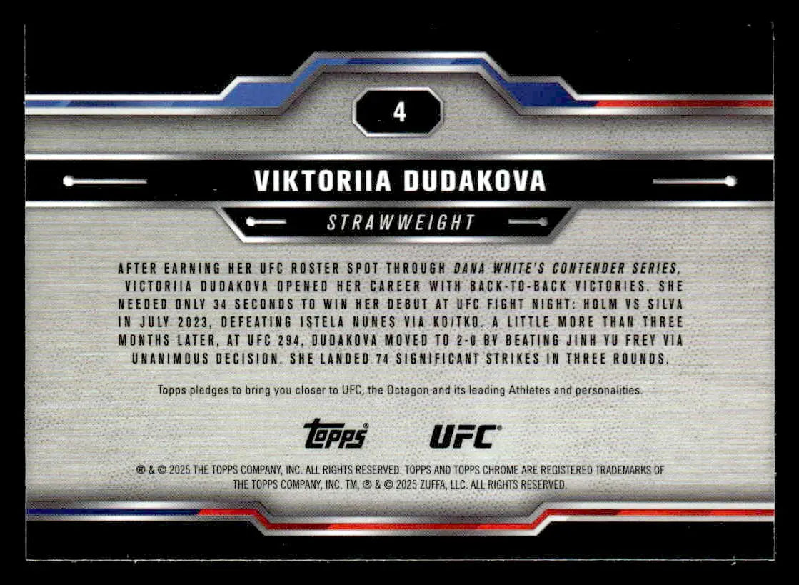 Collectible Topps Chrome UFC trading card of Viktoriia Dudakova Sepia Refractor