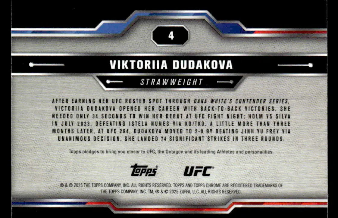 Collectible Topps Chrome UFC trading card featuring Viktoriia Dudakova from 2025 series