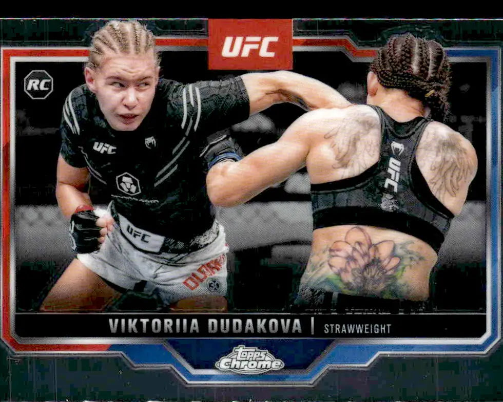 UFC trading card featuring Viktoriia Dudakova in a dynamic pose from Topps Chrome UFC 2025