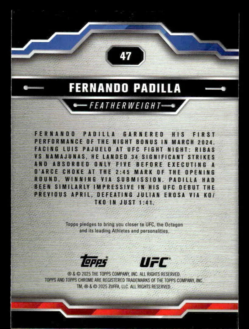 2025 Topps Chrome UFC Fernando Padilla trading card showcasing chrome UFC collectible