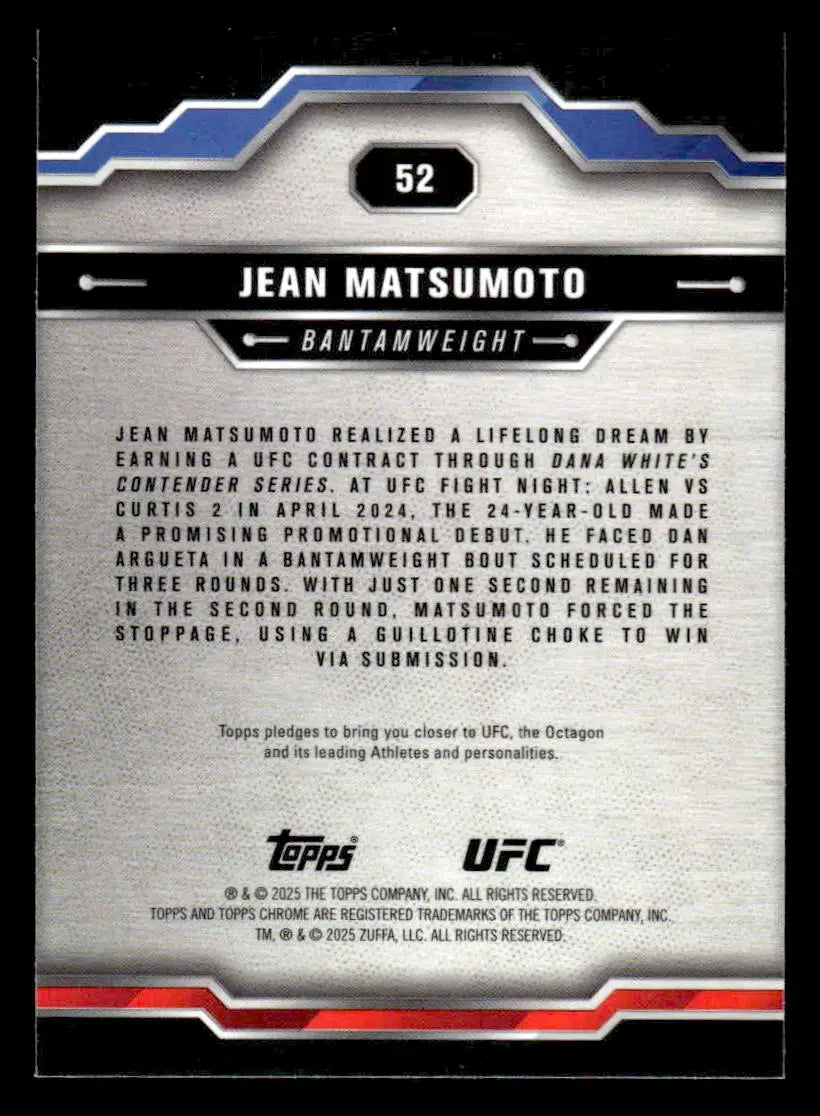 Back of 2025 Topps Chrome UFC Jean Matsumoto trading card showing fight history and career