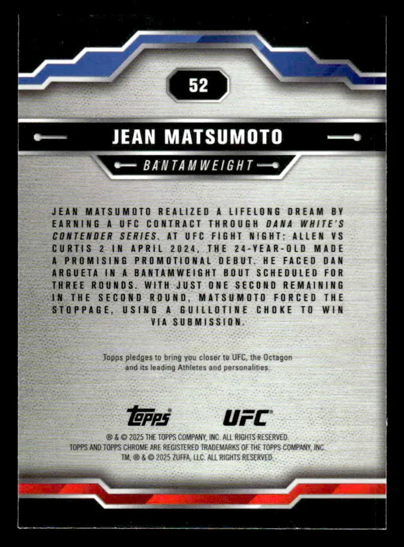 Back of a Topps Chrome UFC trading card featuring Jean Matsumoto biography